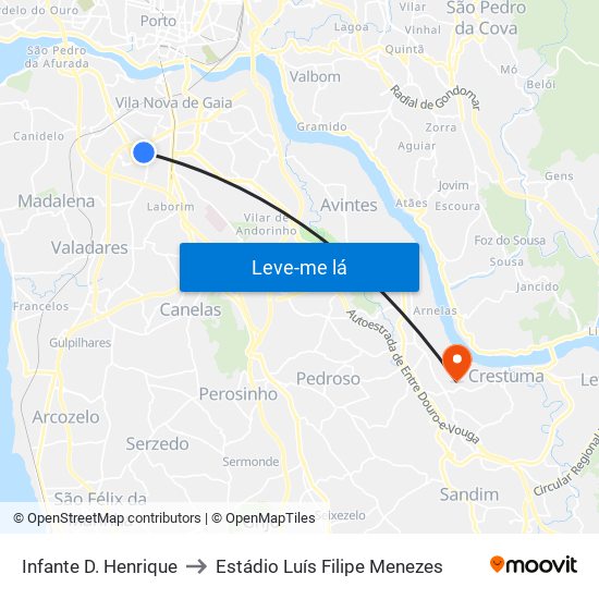 Infante D. Henrique to Estádio Luís Filipe Menezes map