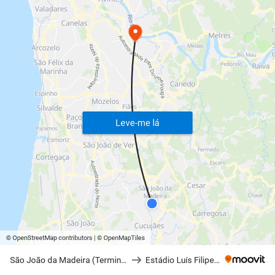 São João da Madeira (Terminal Rodoviário) to Estádio Luís Filipe Menezes map