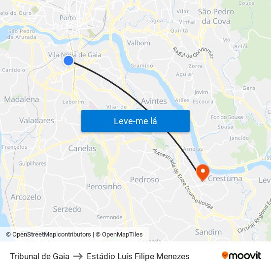 Tribunal de Gaia to Estádio Luís Filipe Menezes map