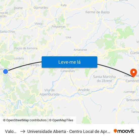 Valongo to Universidade Aberta - Centro Local de Aprendizagem map