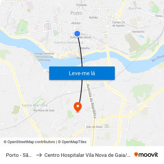 Porto - São Bento to Centro Hospitalar Vila Nova de Gaia / Espinho Unidade II map