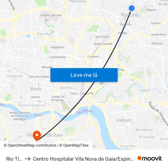 Rio Tinto to Centro Hospitalar Vila Nova de Gaia / Espinho Unidade II map