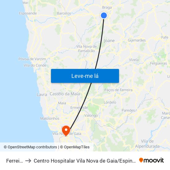 Ferreiros to Centro Hospitalar Vila Nova de Gaia / Espinho Unidade II map
