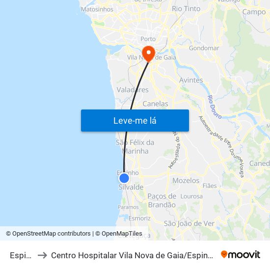 Espinho to Centro Hospitalar Vila Nova de Gaia / Espinho Unidade II map