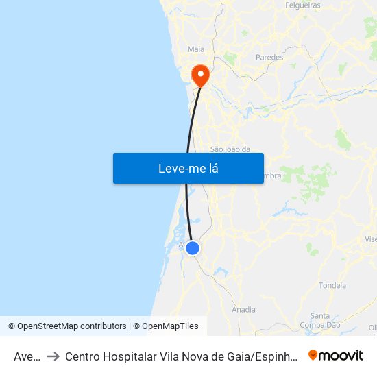 Aveiro to Centro Hospitalar Vila Nova de Gaia / Espinho Unidade II map