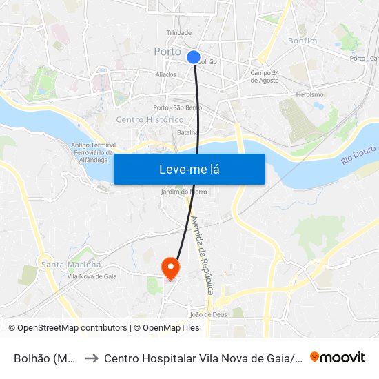 Bolhão (Mercado) to Centro Hospitalar Vila Nova de Gaia / Espinho Unidade II map