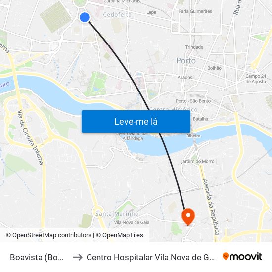 Boavista (Bom Sucesso) to Centro Hospitalar Vila Nova de Gaia / Espinho Unidade II map