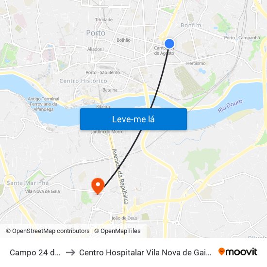 Campo 24 de Agosto to Centro Hospitalar Vila Nova de Gaia / Espinho Unidade II map