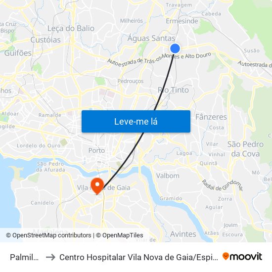 Palmilheira to Centro Hospitalar Vila Nova de Gaia / Espinho Unidade II map