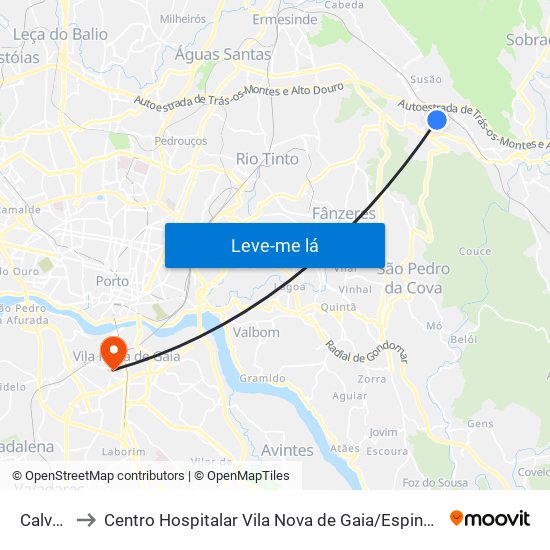 Calvário to Centro Hospitalar Vila Nova de Gaia / Espinho Unidade II map