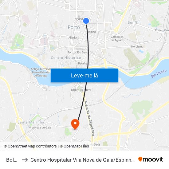Bolhão to Centro Hospitalar Vila Nova de Gaia / Espinho Unidade II map