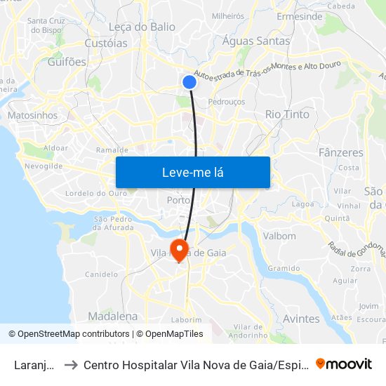 Laranjeiras to Centro Hospitalar Vila Nova de Gaia / Espinho Unidade II map