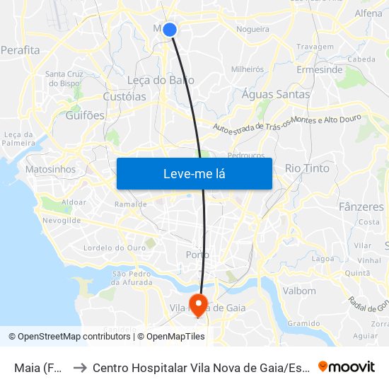 Maia (Fórum) to Centro Hospitalar Vila Nova de Gaia / Espinho Unidade II map