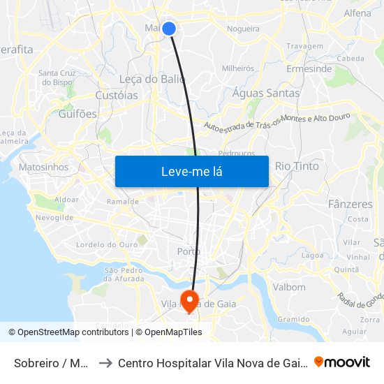 Sobreiro / Maia (Plaza) to Centro Hospitalar Vila Nova de Gaia / Espinho Unidade II map