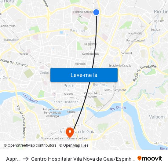 Asprela to Centro Hospitalar Vila Nova de Gaia / Espinho Unidade II map