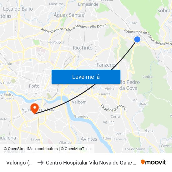 Valongo (Centro) to Centro Hospitalar Vila Nova de Gaia / Espinho Unidade II map