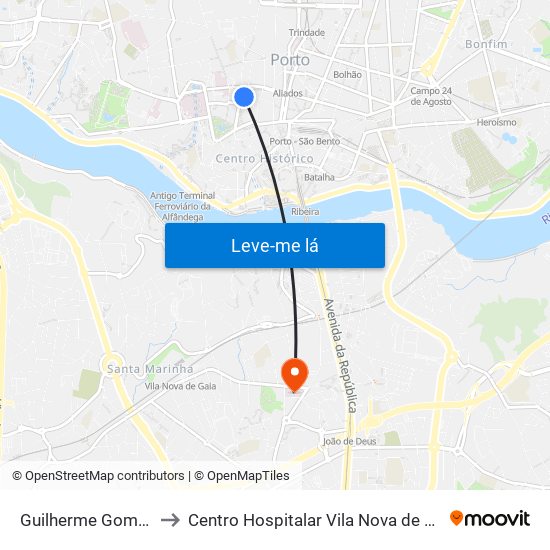 Guilherme Gomes Fernandes to Centro Hospitalar Vila Nova de Gaia / Espinho Unidade II map
