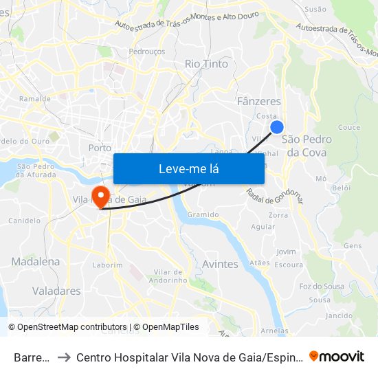 Barreiros to Centro Hospitalar Vila Nova de Gaia / Espinho Unidade II map