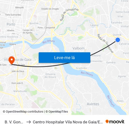 B. V. Gondomar to Centro Hospitalar Vila Nova de Gaia / Espinho Unidade II map