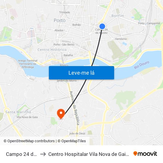 Campo 24 de Agosto to Centro Hospitalar Vila Nova de Gaia / Espinho Unidade II map