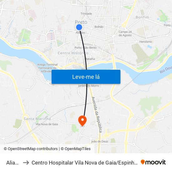 Aliados to Centro Hospitalar Vila Nova de Gaia / Espinho Unidade II map