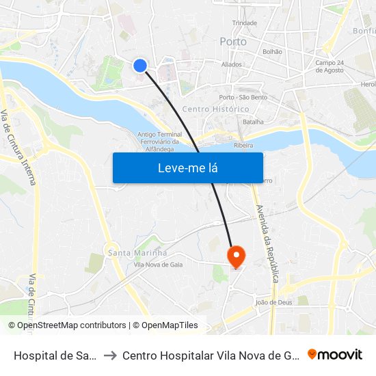 Hospital de Santo António to Centro Hospitalar Vila Nova de Gaia / Espinho Unidade II map