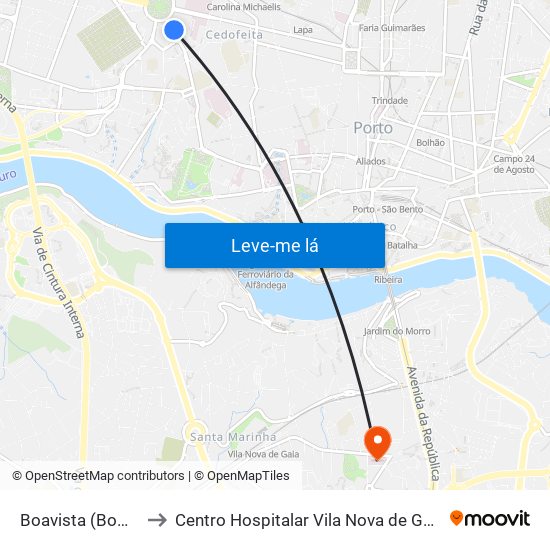 Boavista (Bom Sucesso) to Centro Hospitalar Vila Nova de Gaia / Espinho Unidade II map