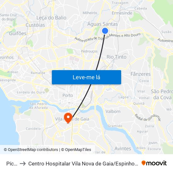 Pícua to Centro Hospitalar Vila Nova de Gaia / Espinho Unidade II map