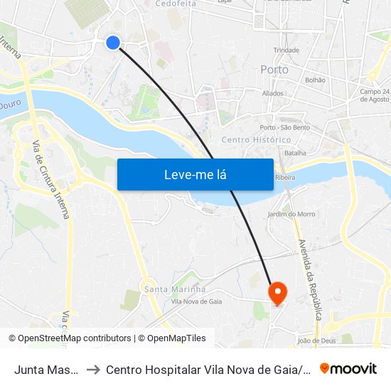 Junta Massarelos to Centro Hospitalar Vila Nova de Gaia / Espinho Unidade II map