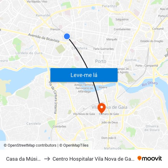 Casa da Música (Metro) to Centro Hospitalar Vila Nova de Gaia / Espinho Unidade II map