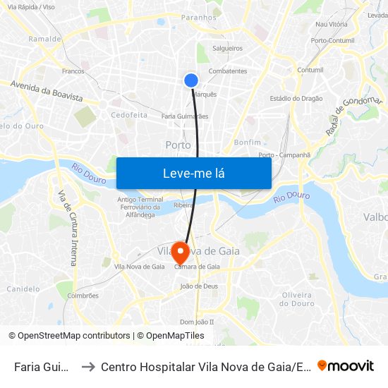 Faria Guimarães to Centro Hospitalar Vila Nova de Gaia / Espinho Unidade II map