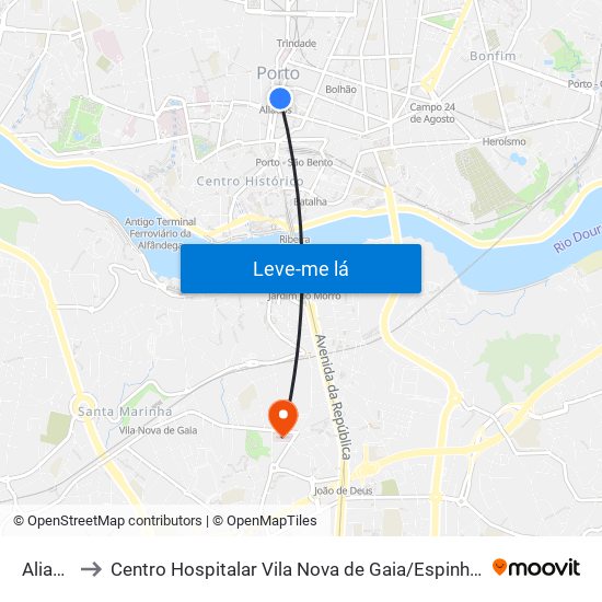 Aliados to Centro Hospitalar Vila Nova de Gaia / Espinho Unidade II map