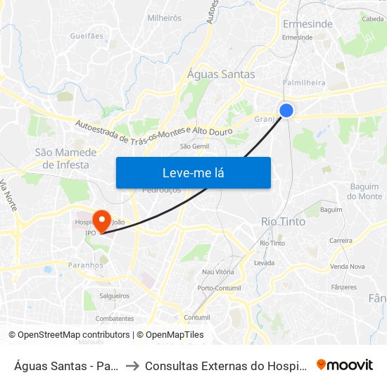 Águas Santas - Palmilheira to Consultas Externas do Hospital São João map