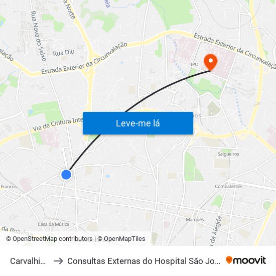 Carvalhido to Consultas Externas do Hospital São João map