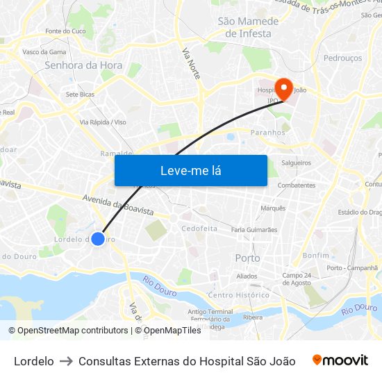 Lordelo to Consultas Externas do Hospital São João map