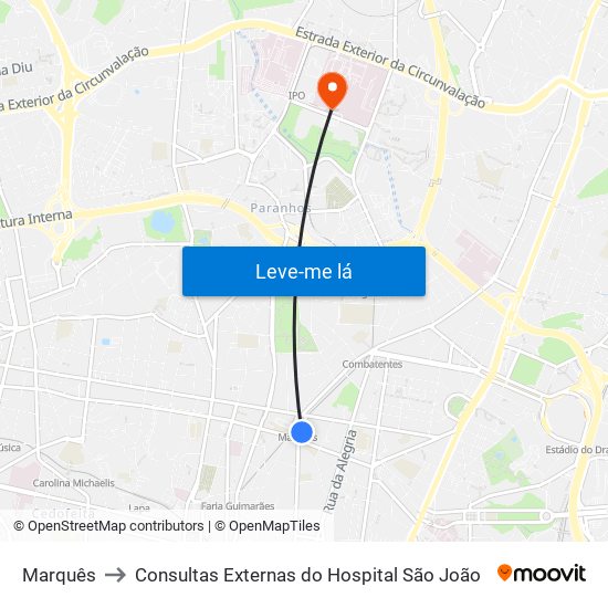 Marquês to Consultas Externas do Hospital São João map