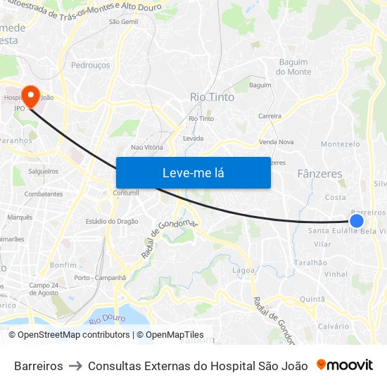 Barreiros to Consultas Externas do Hospital São João map