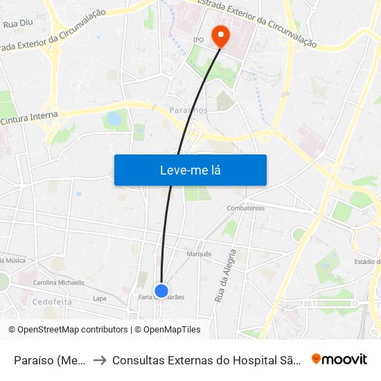 Paraíso (Metro) to Consultas Externas do Hospital São João map