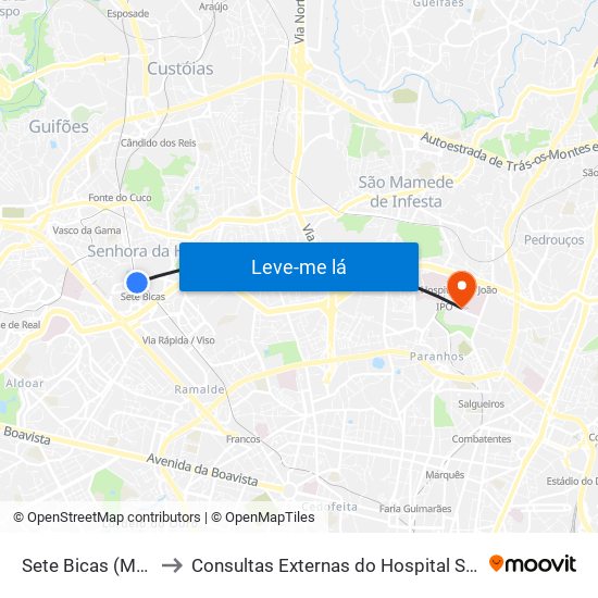 Sete Bicas (Metro) to Consultas Externas do Hospital São João map