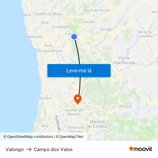 Valongo to Campo dos Valos map