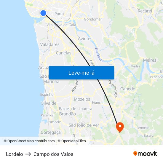 Lordelo to Campo dos Valos map