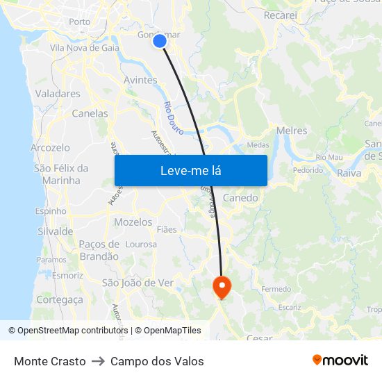 Monte Crasto to Campo dos Valos map