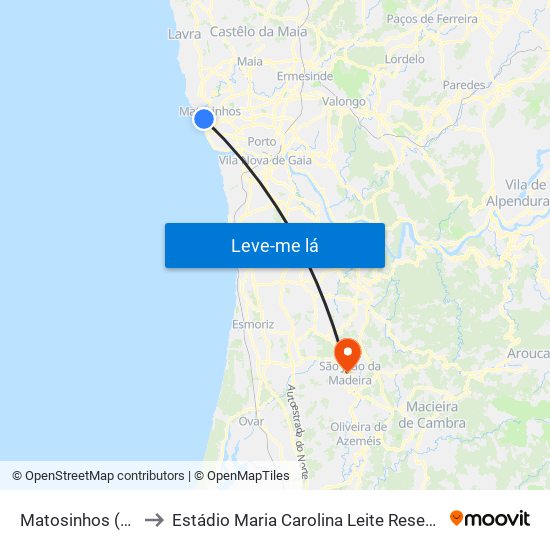Matosinhos (Praia) to Estádio Maria Carolina Leite Resende Garcia map