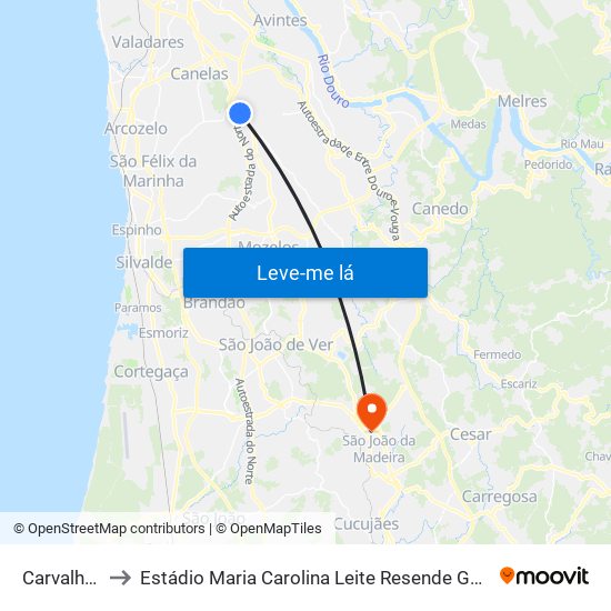 Carvalhos to Estádio Maria Carolina Leite Resende Garcia map