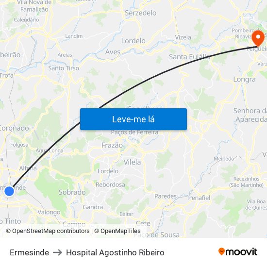 Ermesinde to Hospital Agostinho Ribeiro map