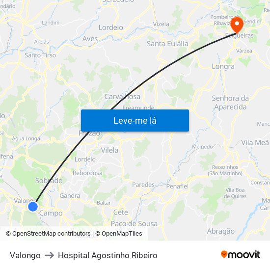 Valongo to Hospital Agostinho Ribeiro map