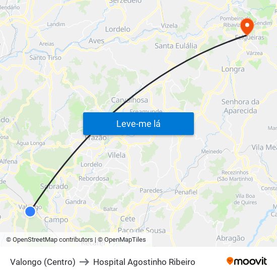 Valongo (Centro) to Hospital Agostinho Ribeiro map