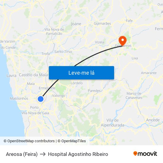 Areosa (Feira) to Hospital Agostinho Ribeiro map