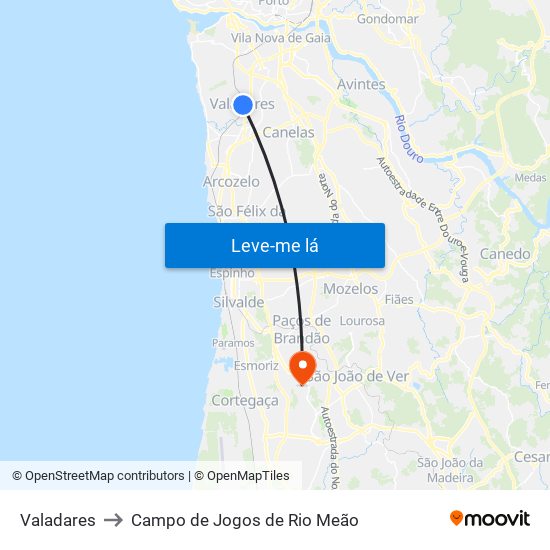 Valadares to Campo de Jogos de Rio Meão map