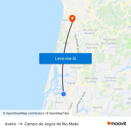 Aveiro to Campo de Jogos de Rio Meão map